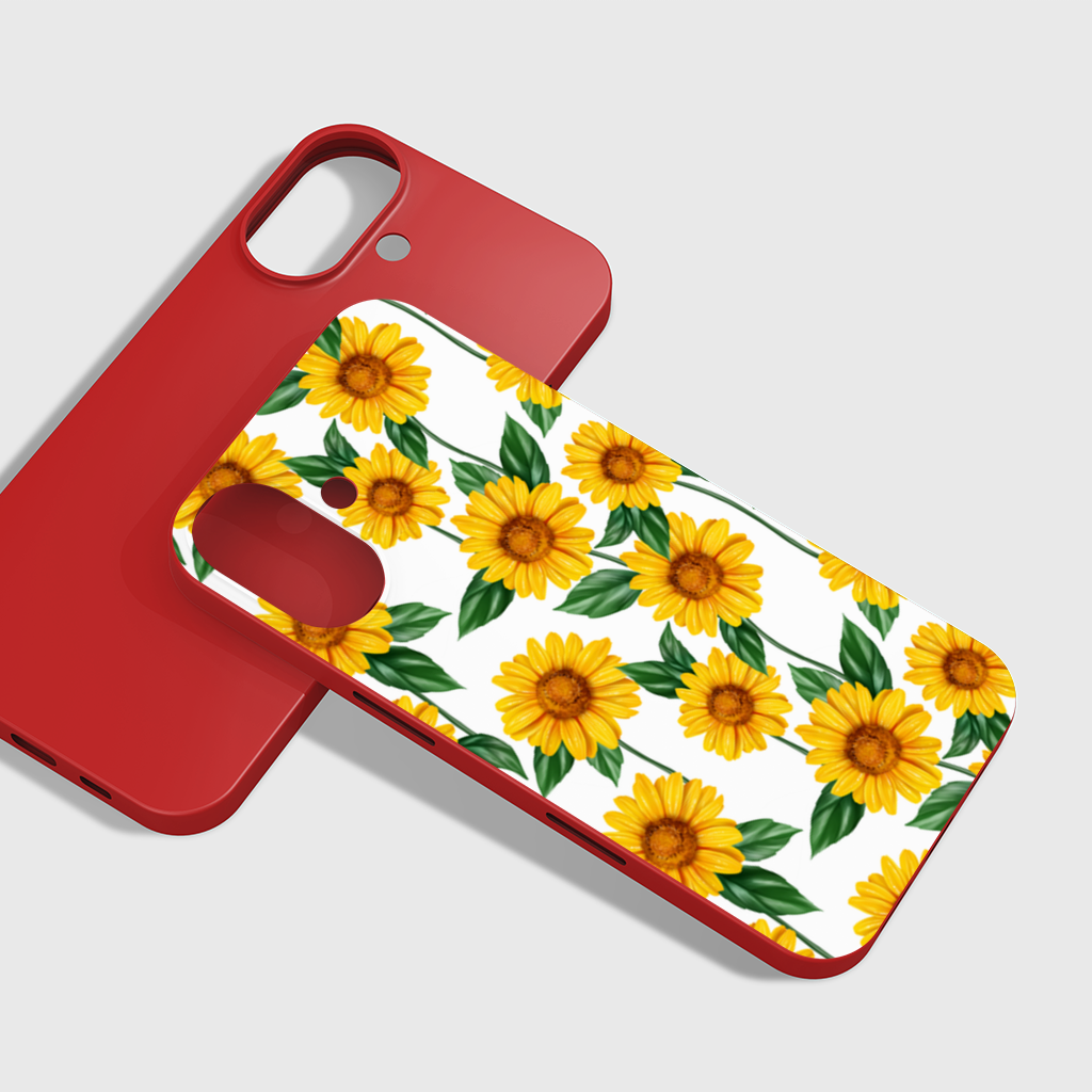 Vibrant Yellow Sunflower and Green Leaf Pattern Illustration iPhone 16 Plus Case