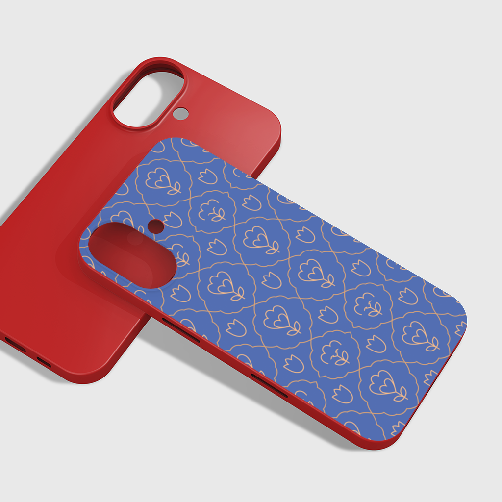 Orange Linear Floral Pattern on Blue iPhone 16 Plus Case