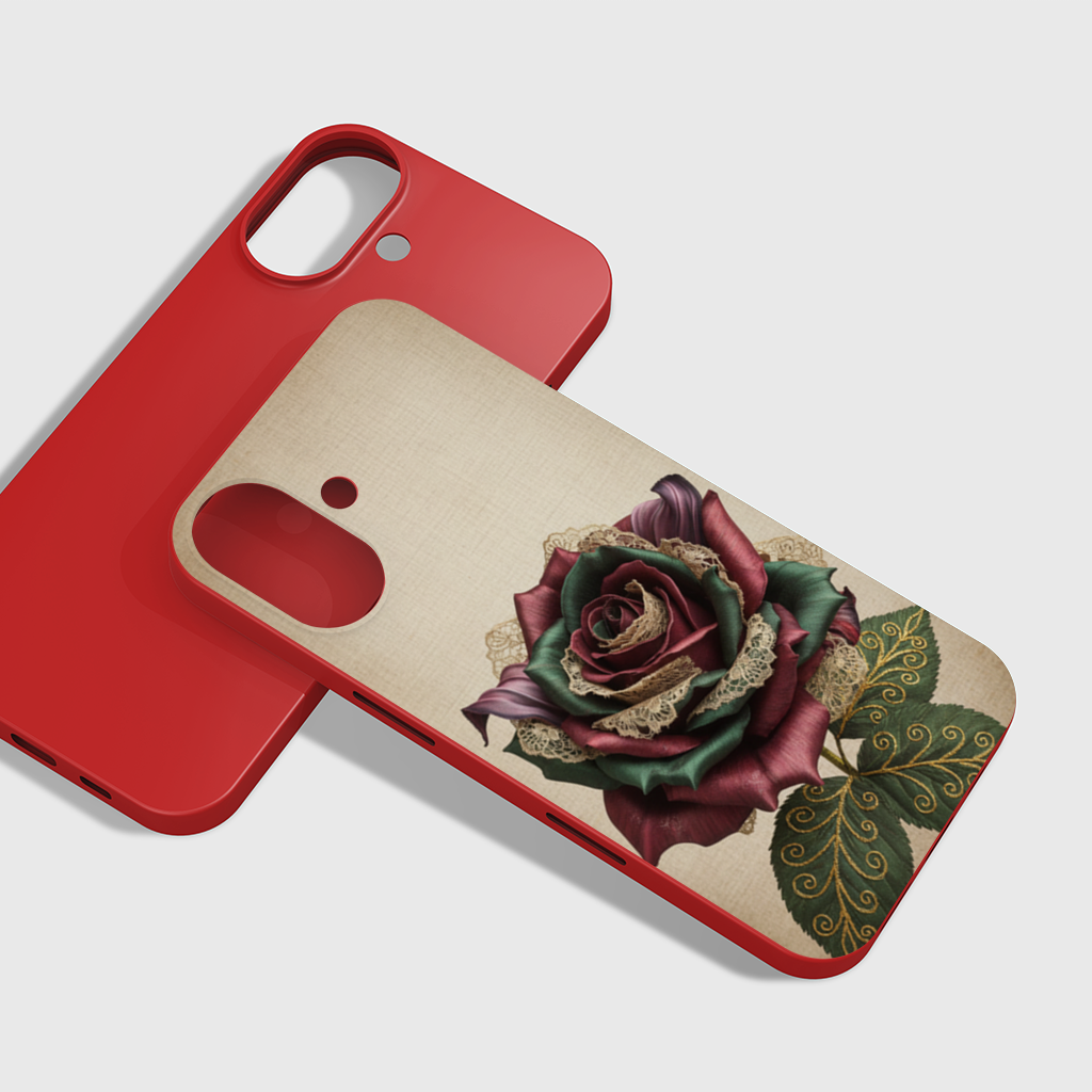Bordo Zümrüt Dantel Gül iPhone 16 Plus Kılıfı