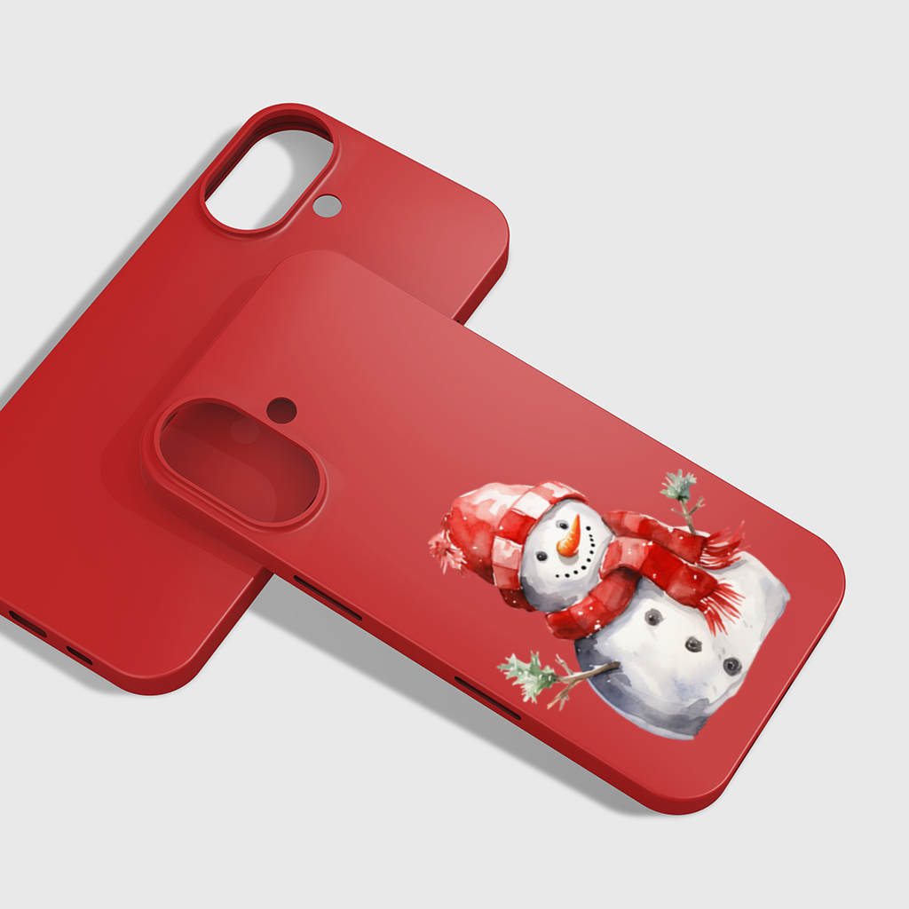 Kırmızı Atkılı Suluboya Kardan Adam iPhone 16 Plus Kılıfı