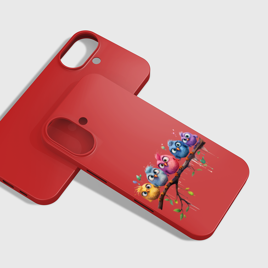 Five Colorful Kawaii Birds on Branch iPhone 16 Plus Case