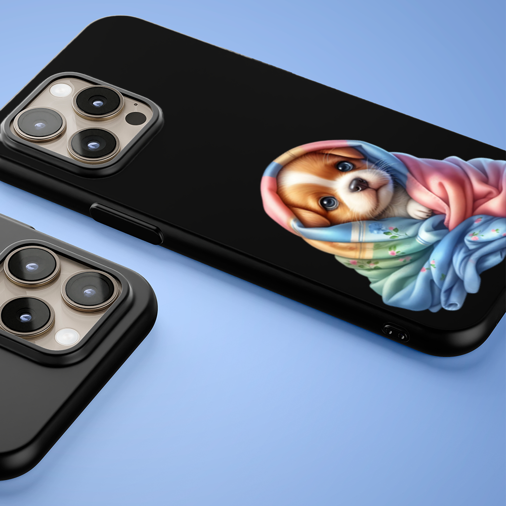 Cute Puppy Wrapped in Colorful Blanket iPhone 15 Pro Max Case