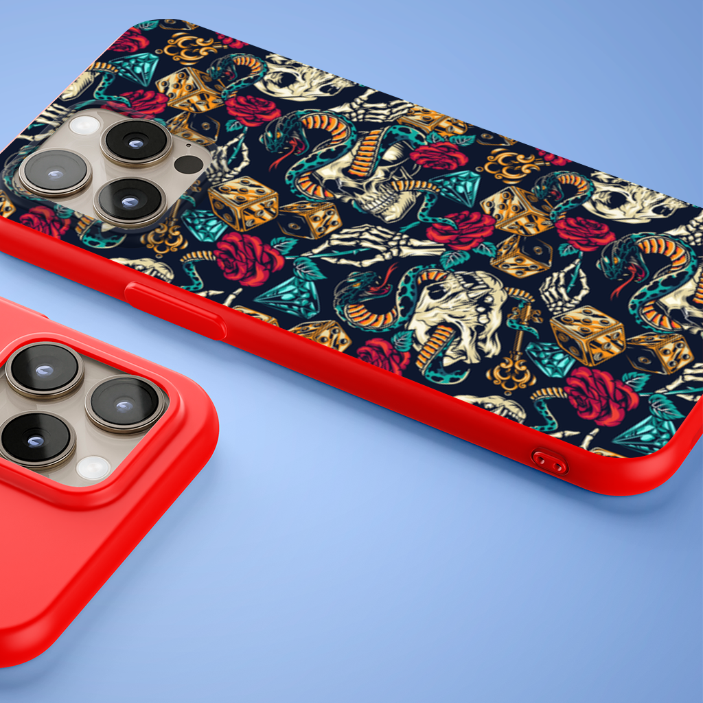 Skull Snake Dice and Roses Pattern iPhone 15 Pro Max Case
