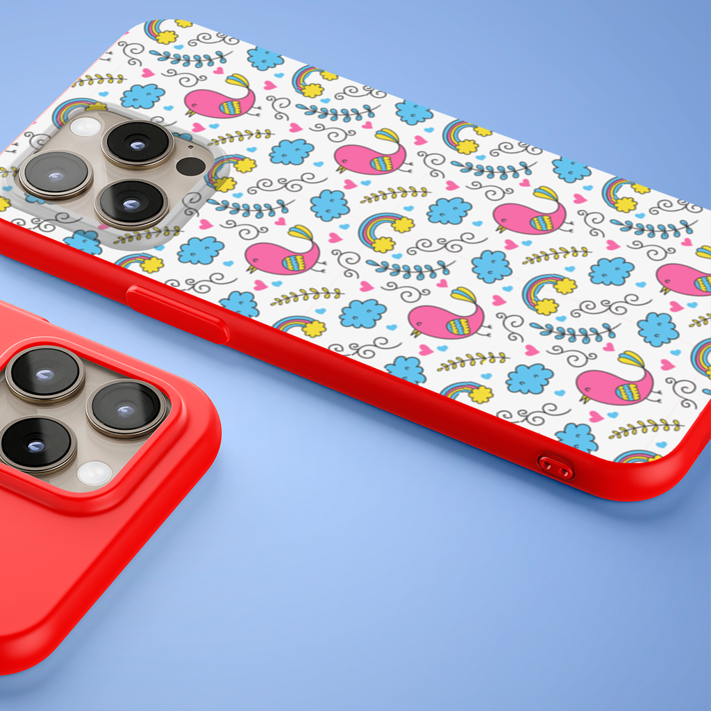 Cute Pink Bird and Rainbow Kids Pattern iPhone 15 Pro Max Case