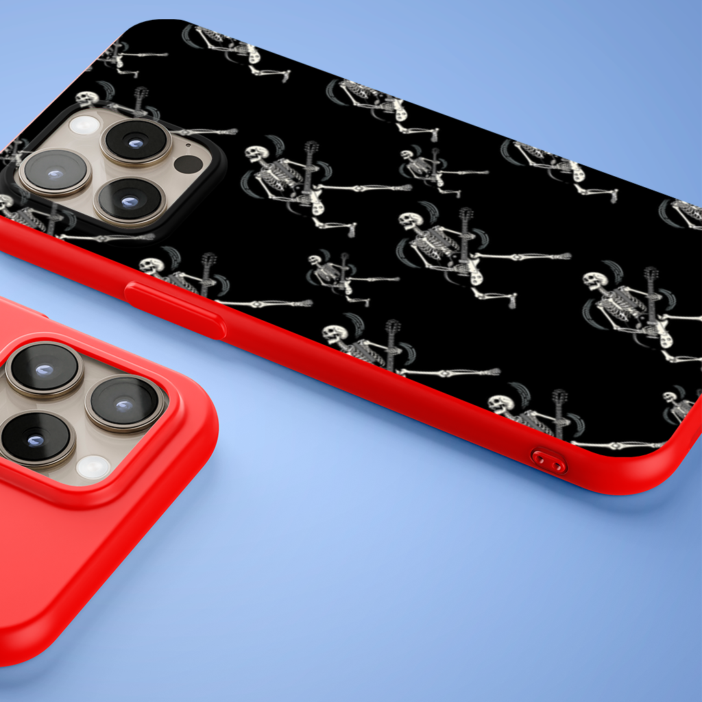 Rock Guitar Playing Skeleton Pattern on Black iPhone 15 Pro Max Case