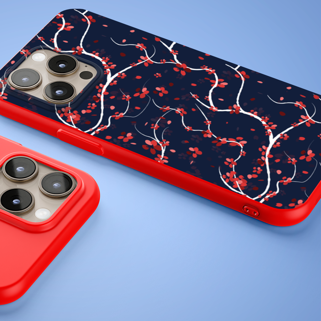 Red Floral Branch Pattern on Navy Background iPhone 15 Pro Max Case