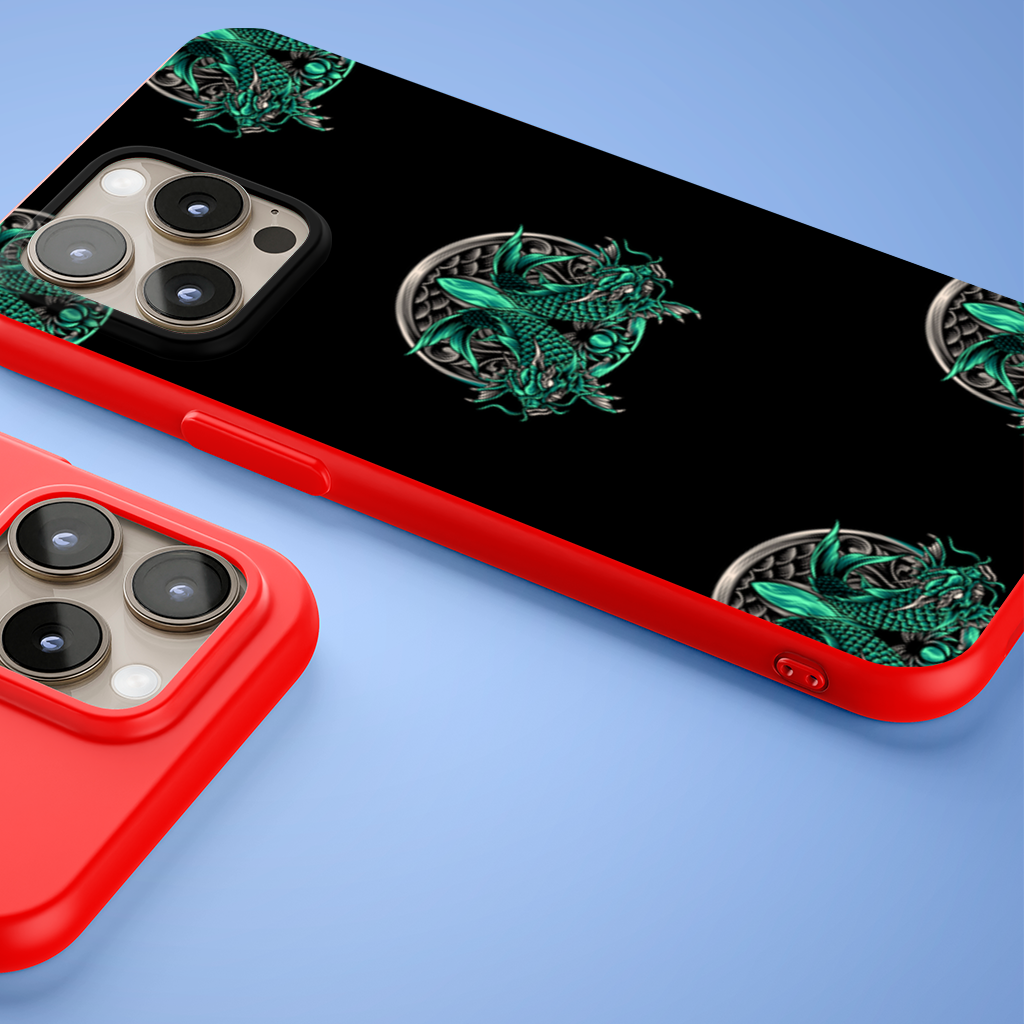 Turquoise Twin Dragon Emblem Design iPhone 15 Pro Max Case