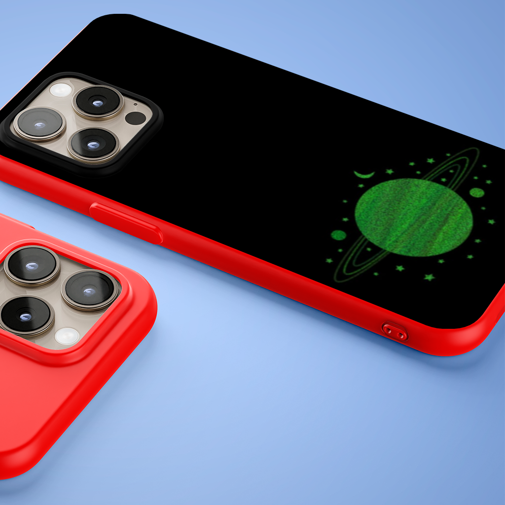 Green planets on a black background. iPhone 15 Pro Max Case
