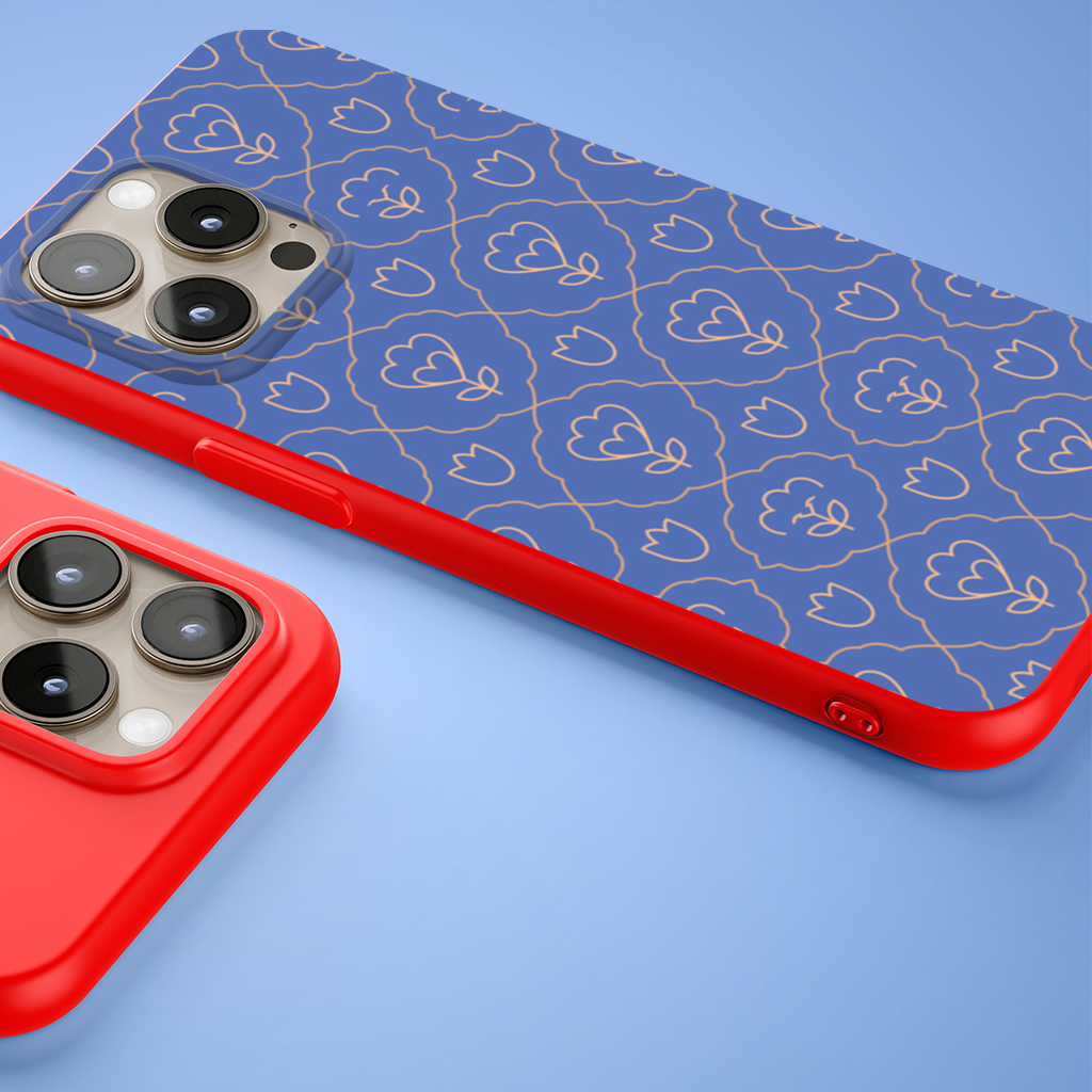 Orange Linear Floral Pattern on Blue iPhone 15 Pro Max Case