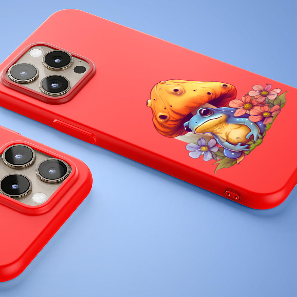 Blue Frog Resting Under Orange Mushroom iPhone 15 Pro Max Case
