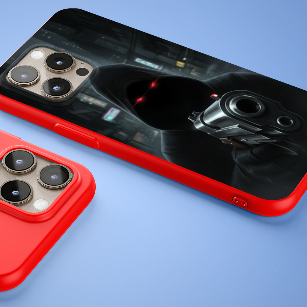 Siberpunk Kapüşonlu Silahlı Figür iPhone 15 Pro Max Kılıfı