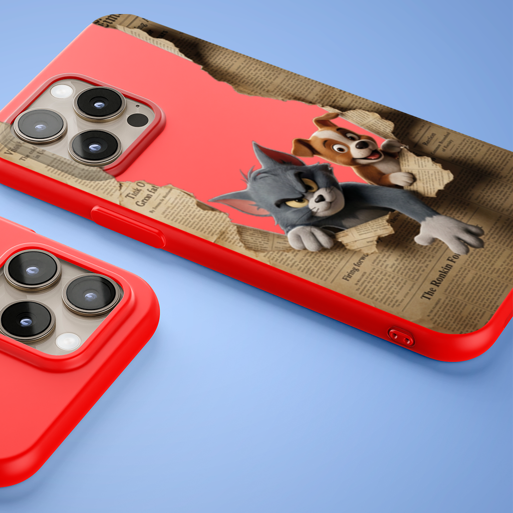 Angry Cat and Happy Puppy Peeking Through Paper iPhone 15 Pro Max Case