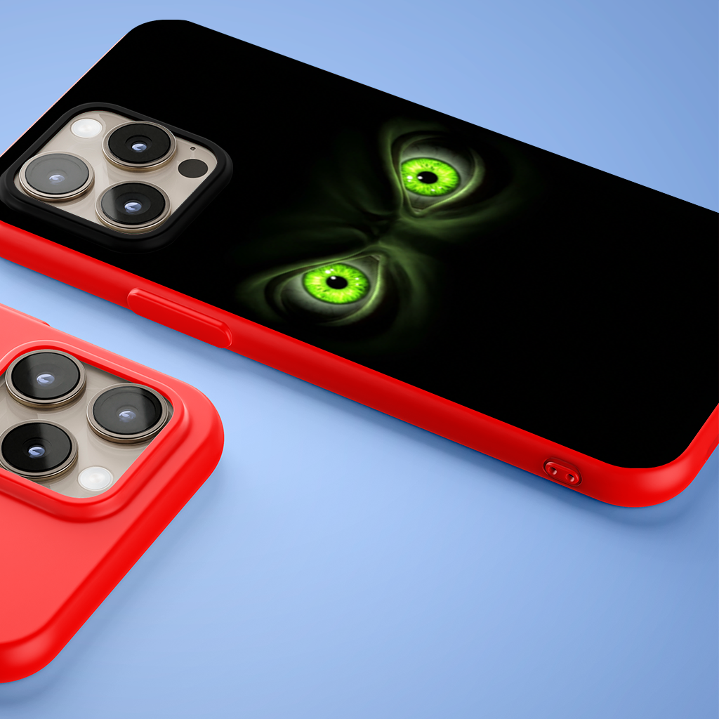 Glowing Green Monster Eyes in Darkness iPhone 15 Pro Max Case