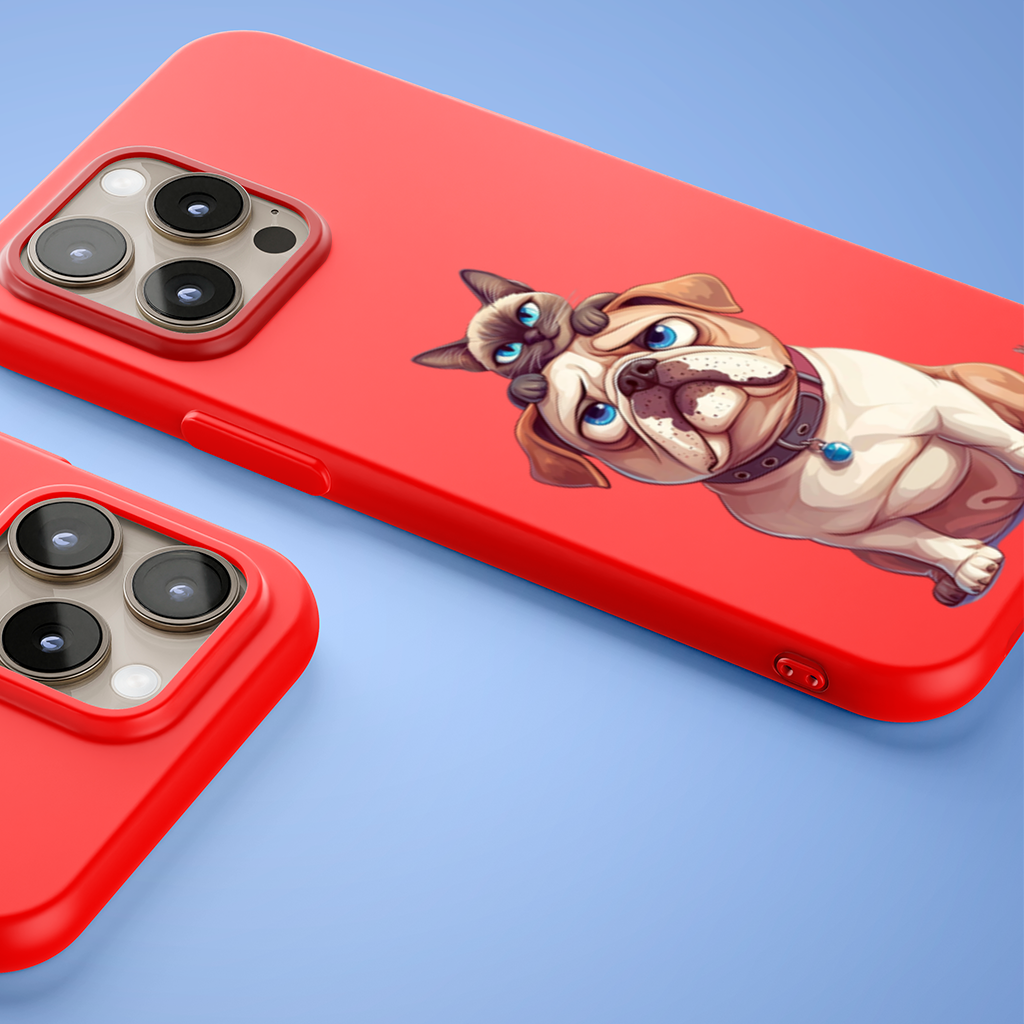 Sad Pug with Siamese Cat on Head iPhone 15 Pro Max Case