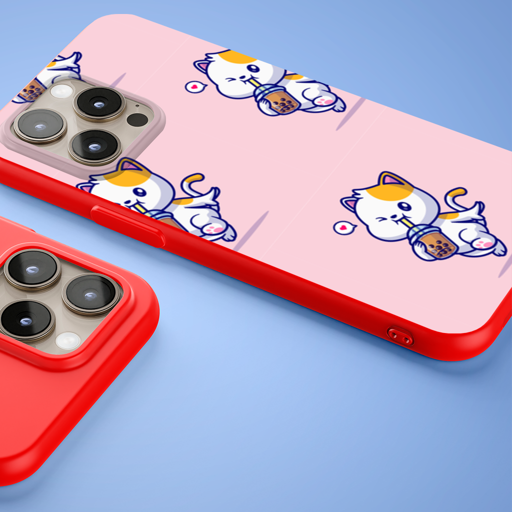 Kawaii Cat Drinking Boba Tea iPhone 15 Pro Max Case