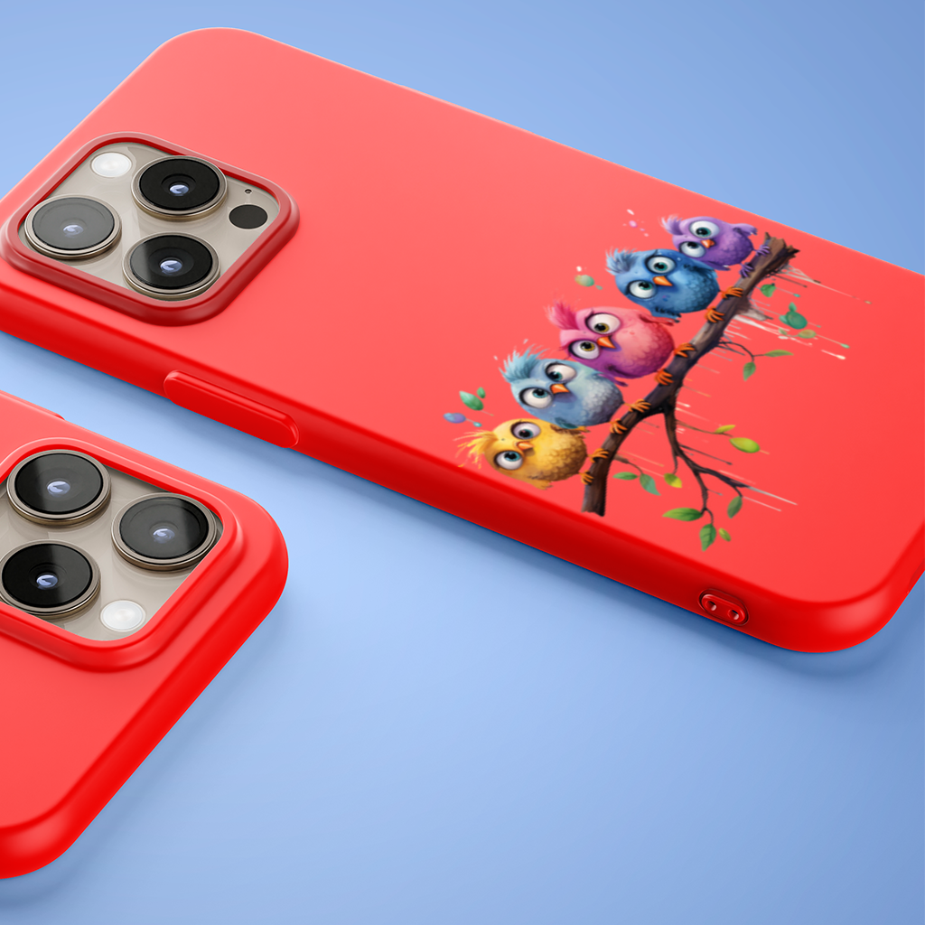 Five Colorful Kawaii Birds on Branch iPhone 15 Pro Max Case