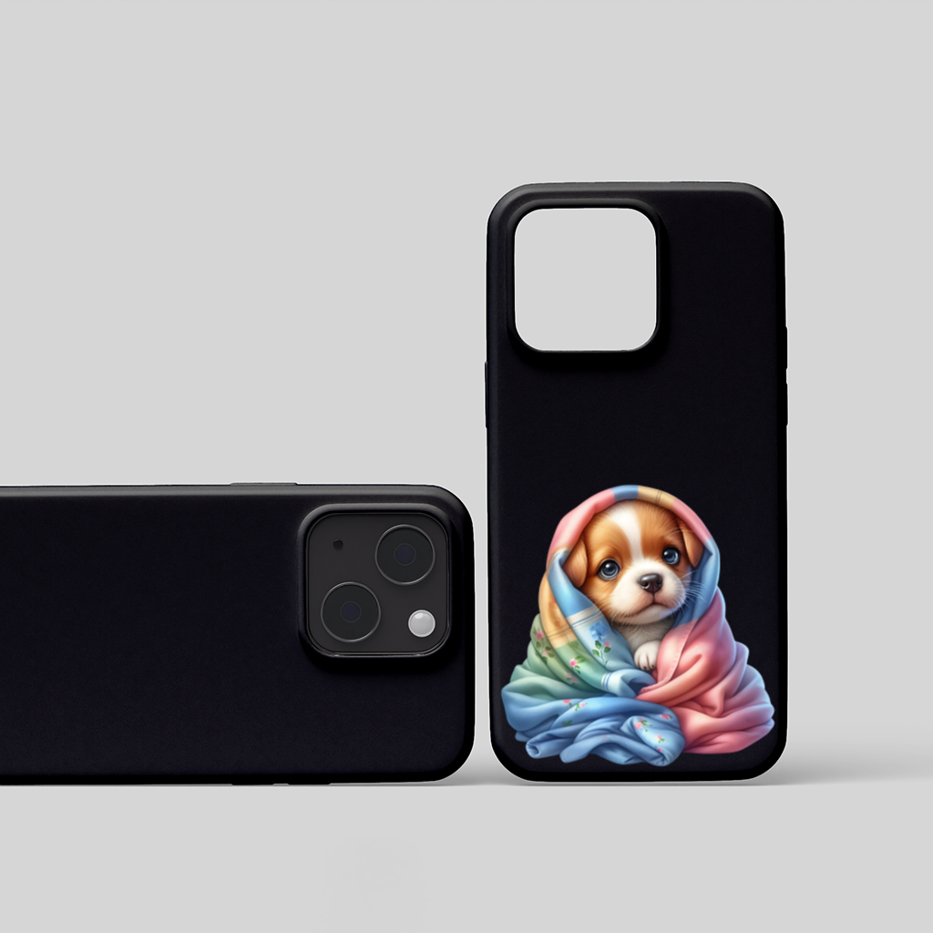 Cute Puppy Wrapped in Colorful Blanket iPhone 15 Plus Case
