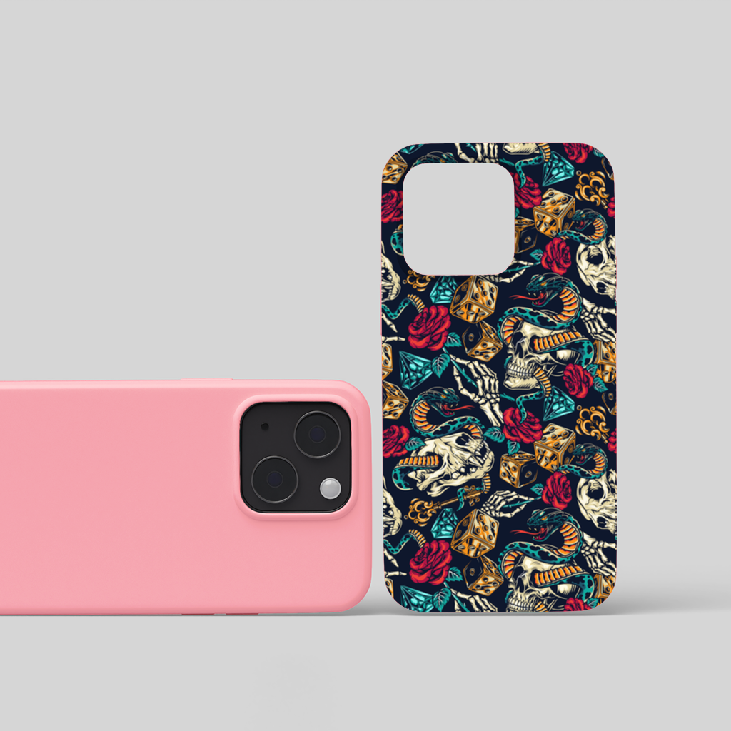 Skull Snake Dice and Roses Pattern iPhone 15 Plus Case