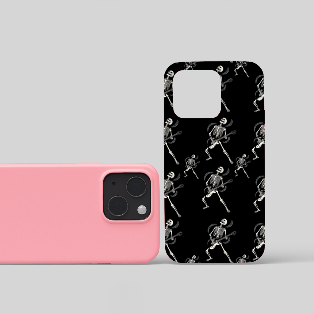 Rock Guitar Playing Skeleton Pattern on Black iPhone 15 Plus Case