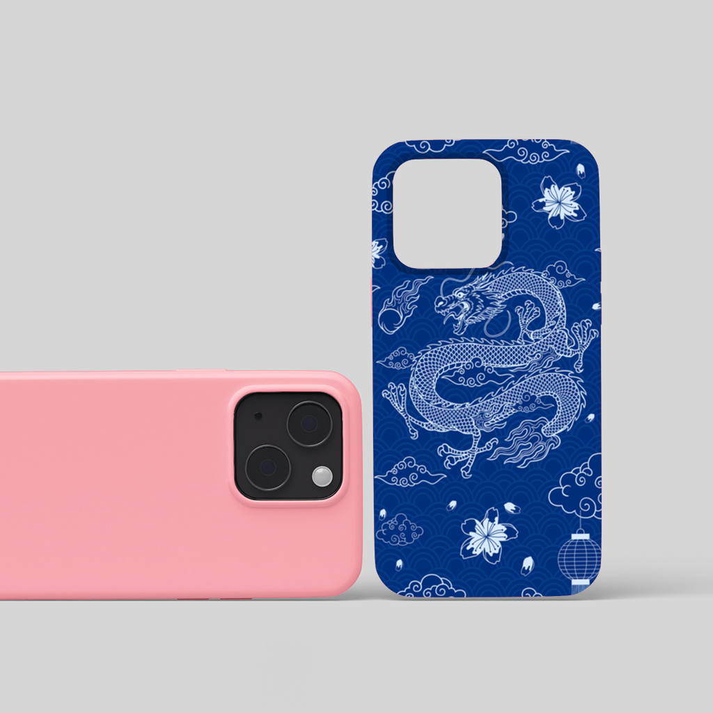 Traditional Dragon Pattern on Blue Background iPhone 15 Plus Case