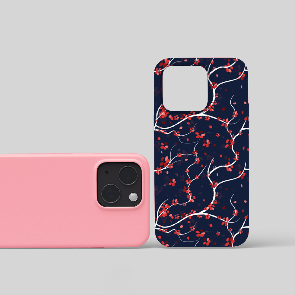 Lacivert Zemin Üzerinde Kırmızı Çiçekli Dal Deseni iPhone 15 Plus Kılıfı