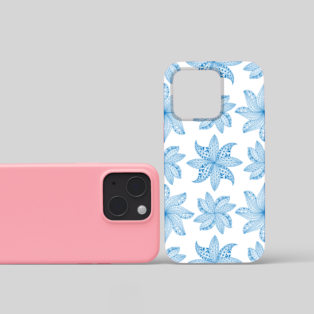 Mavi Mandala Çiçek ve Yaprak Desenli İllüstrasyon iPhone 15 Plus Kılıfı