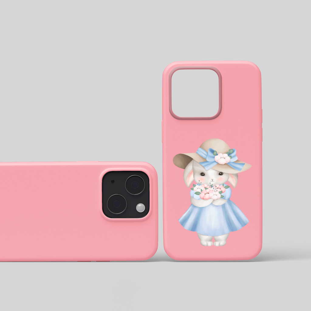Cute Bunny with Hat Holding Flowers iPhone 15 Plus Case