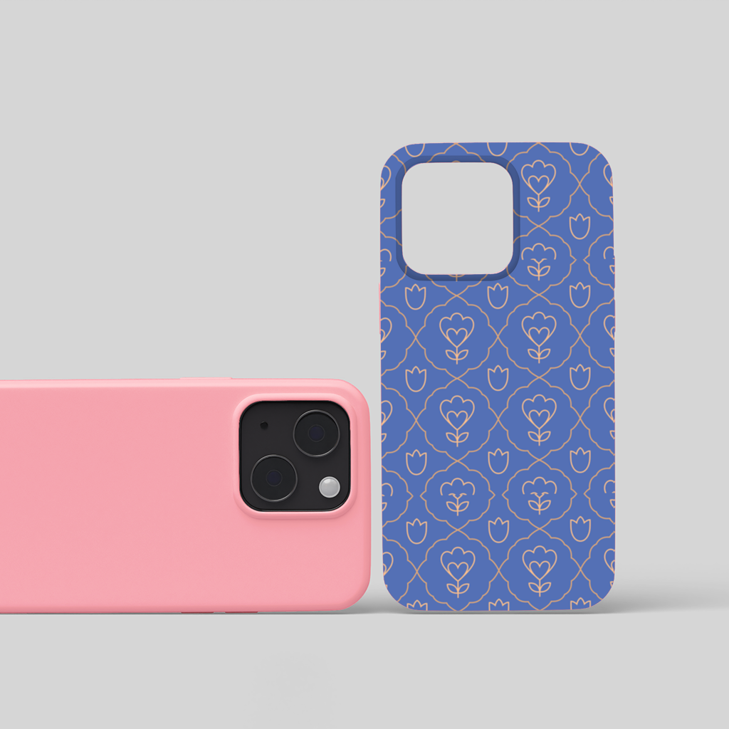Orange Linear Floral Pattern on Blue iPhone 15 Plus Case