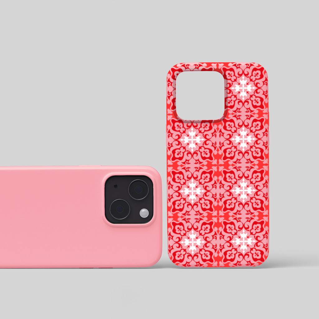 Red and White Traditional Tile Style Pattern iPhone 15 Plus Case