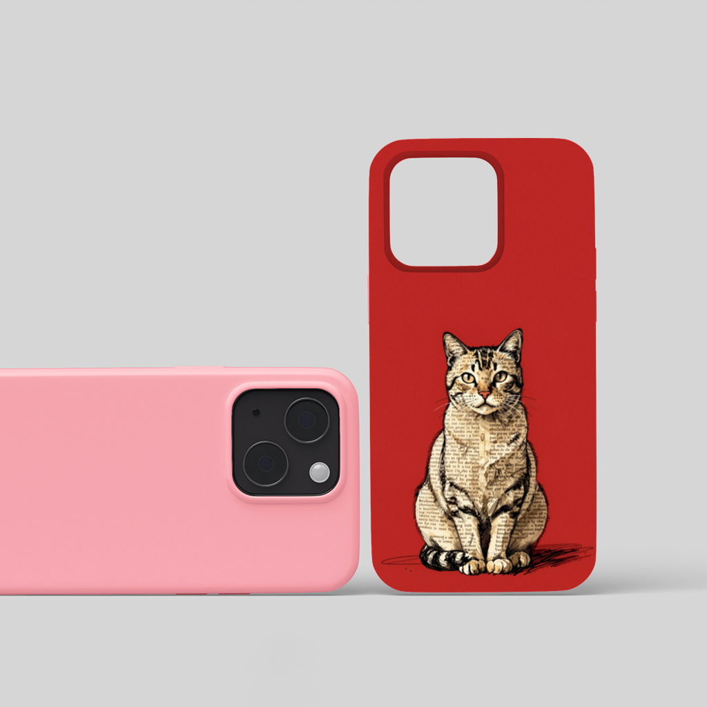 Newsprint Collage Tabby Cat on Red iPhone 15 Plus Case