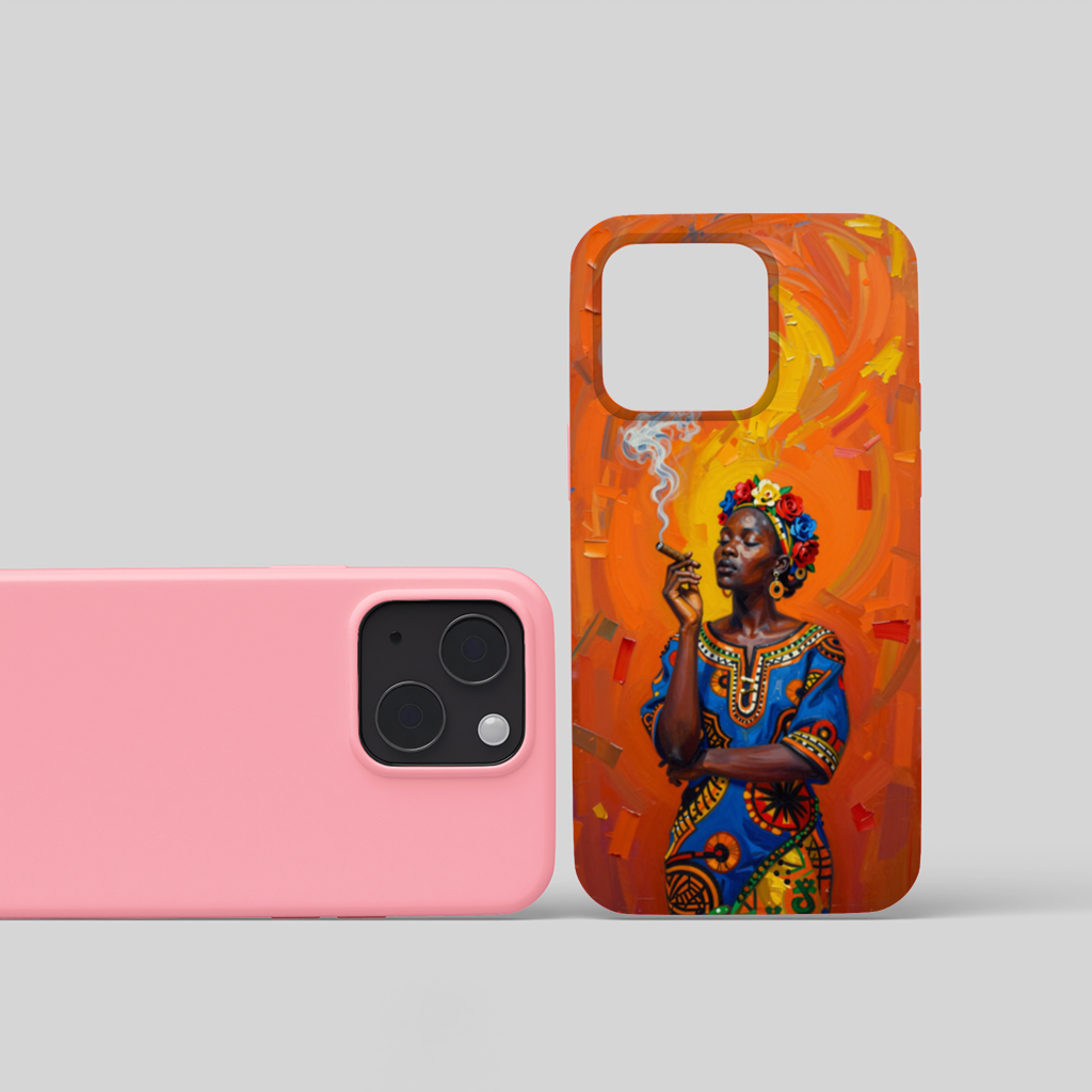 African Woman with Cigar and Floral Crown iPhone 15 Plus Case