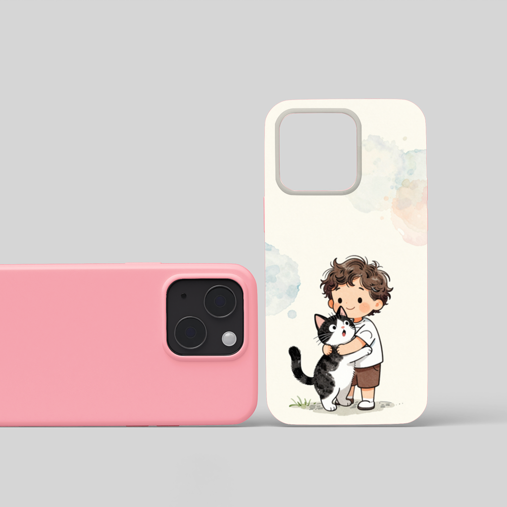 Boy Hugging Tuxedo Cat Charcoal iPhone 15 Plus Case