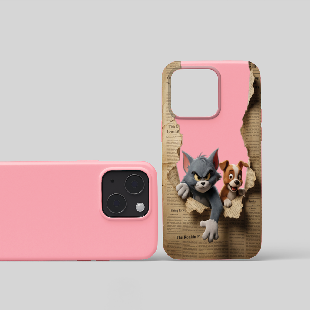 Angry Cat and Happy Puppy Peeking Through Paper iPhone 15 Plus Case