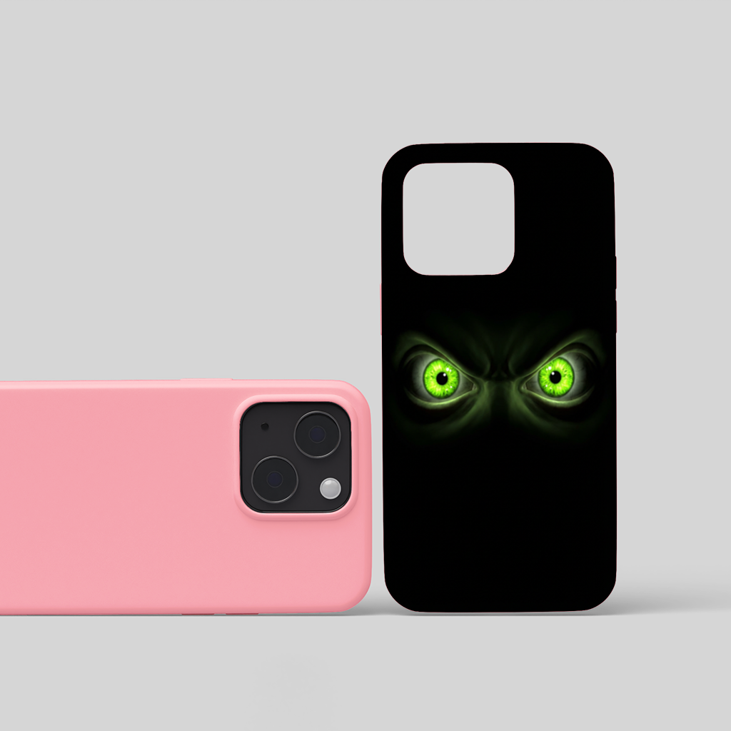 Glowing Green Monster Eyes in Darkness iPhone 15 Plus Case
