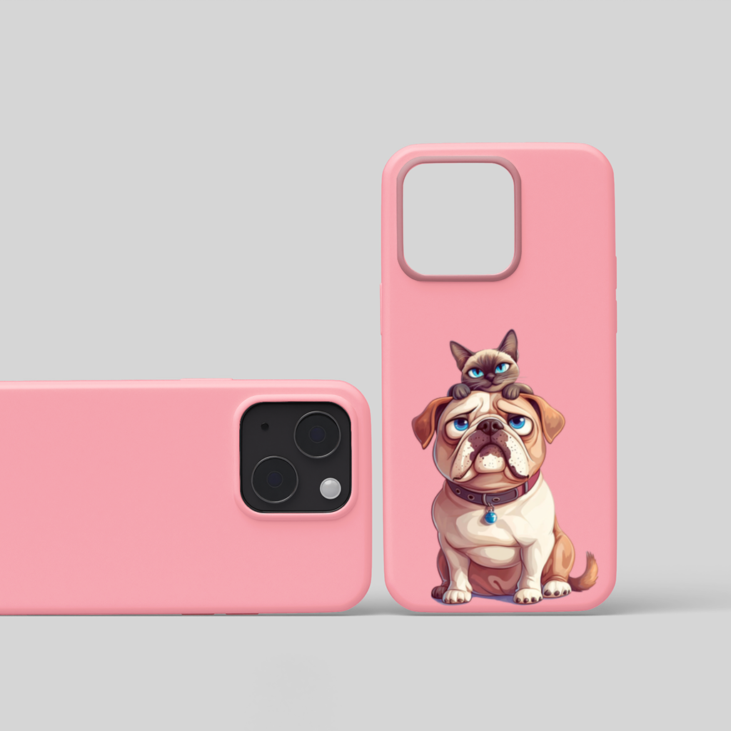 Sad Pug with Siamese Cat on Head iPhone 15 Plus Case
