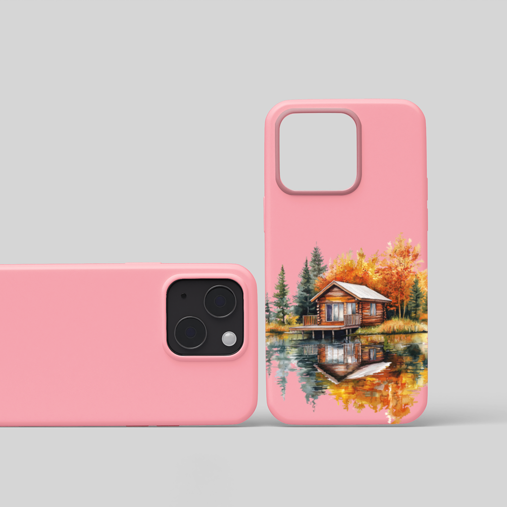 Göl Kenarı Kütük Ev ve Sonbahar iPhone 15 Plus Kılıfı