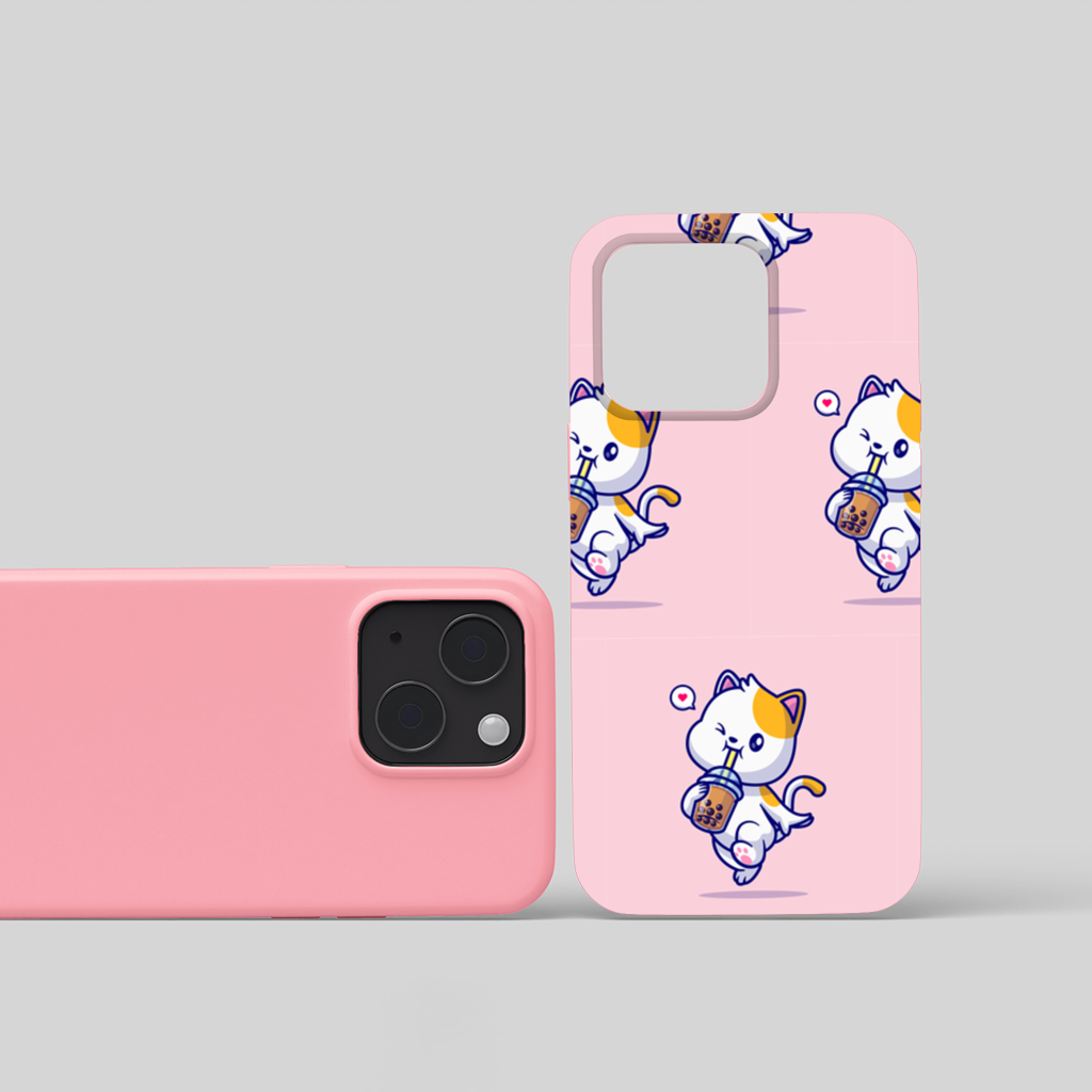 Kawaii Cat Drinking Boba Tea iPhone 15 Plus Case