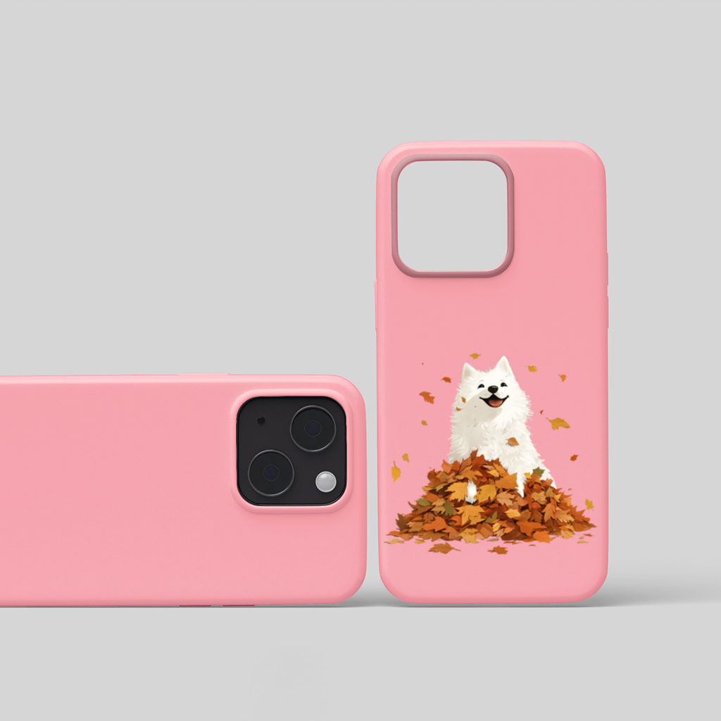 Happy White Dog in Autumn Leaves iPhone 15 Plus Case