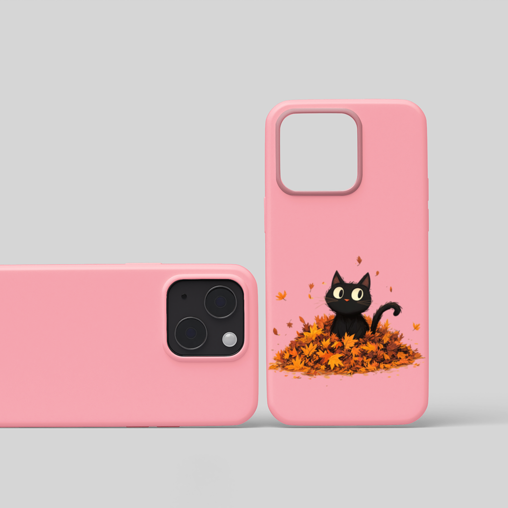 Cute Black Cat in Autumn Leaves iPhone 15 Plus Case