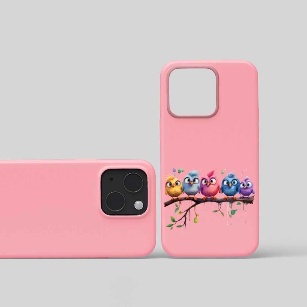 Five Colorful Kawaii Birds on Branch iPhone 15 Plus Case