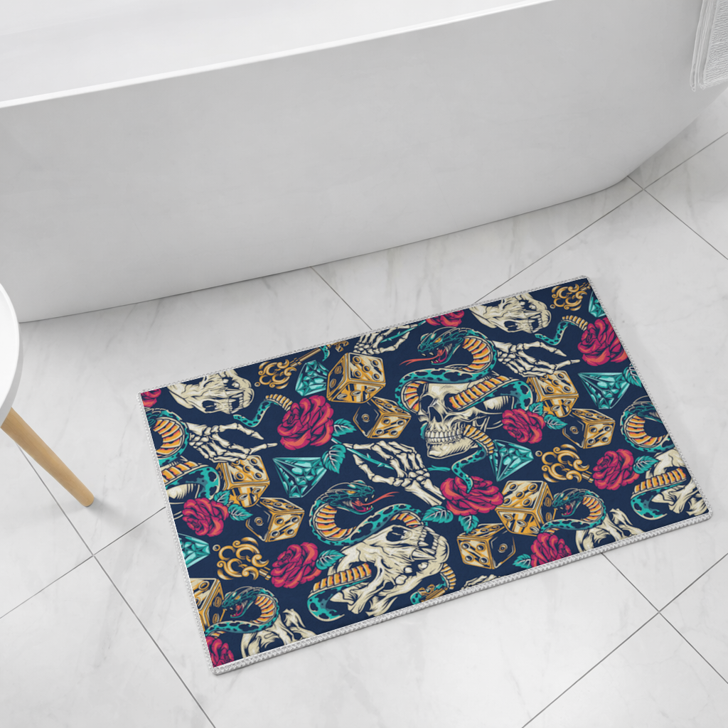 Skull Snake Dice and Roses Pattern Bath Mat