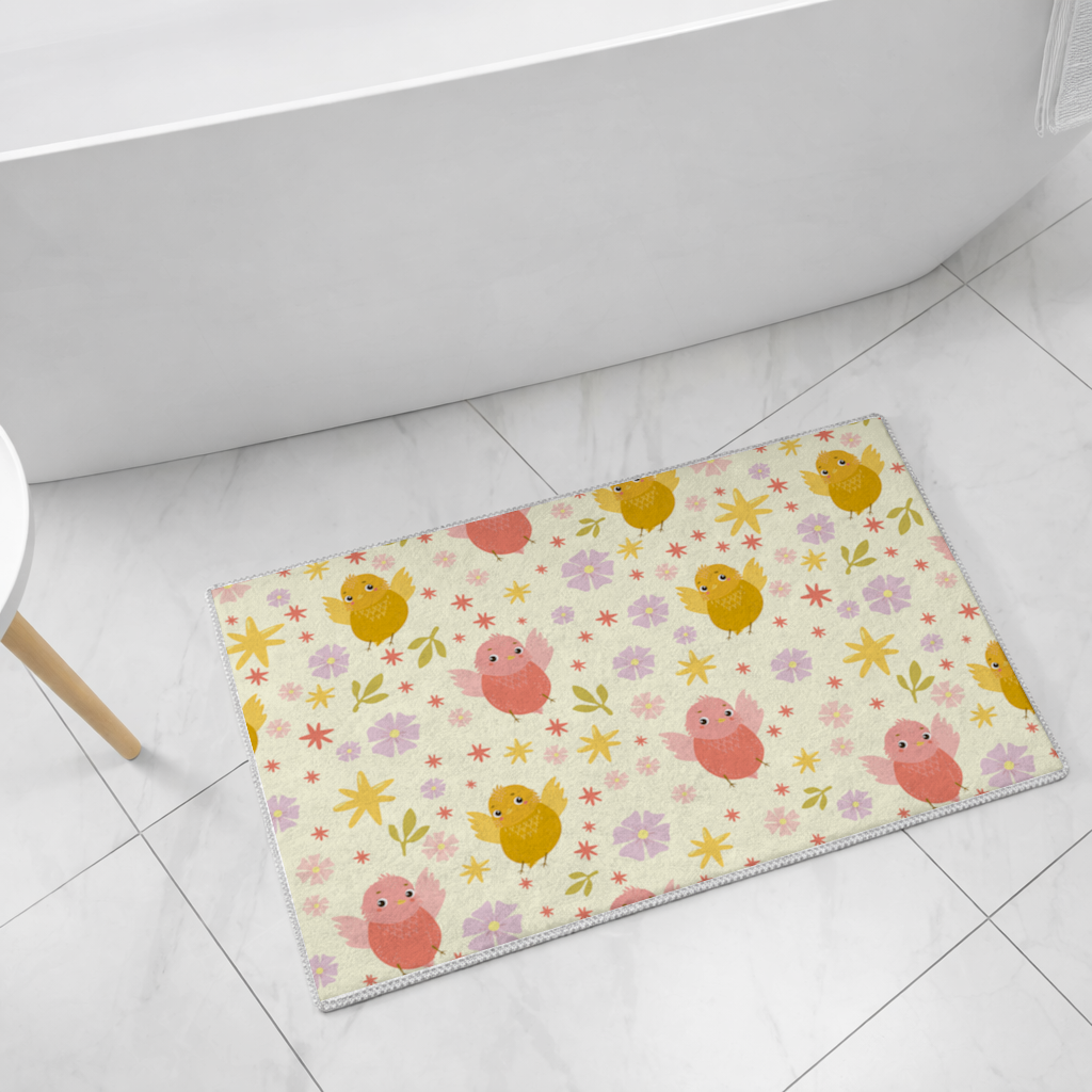 Cute Birds and Floral Pastel Spring Pattern Illustration Bath Mat