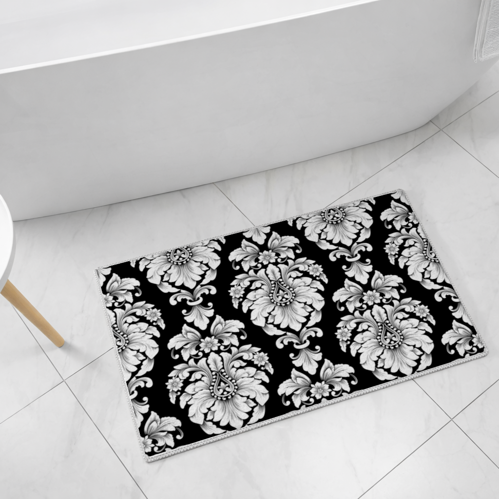 Black and White Baroque Floral Pattern Bath Mat