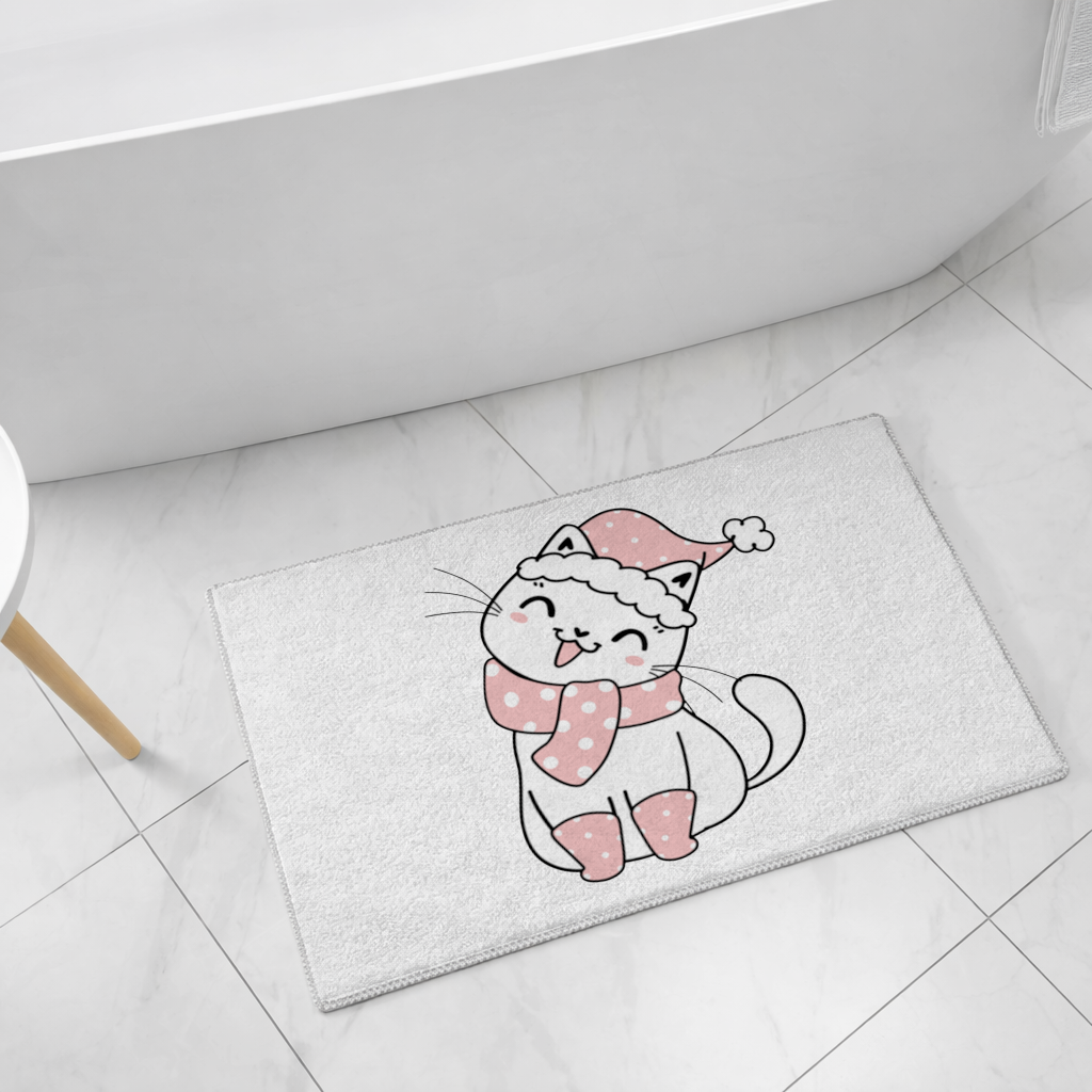 Cute Christmas Cat with Pink Polka Dot Outfit Bath Mat
