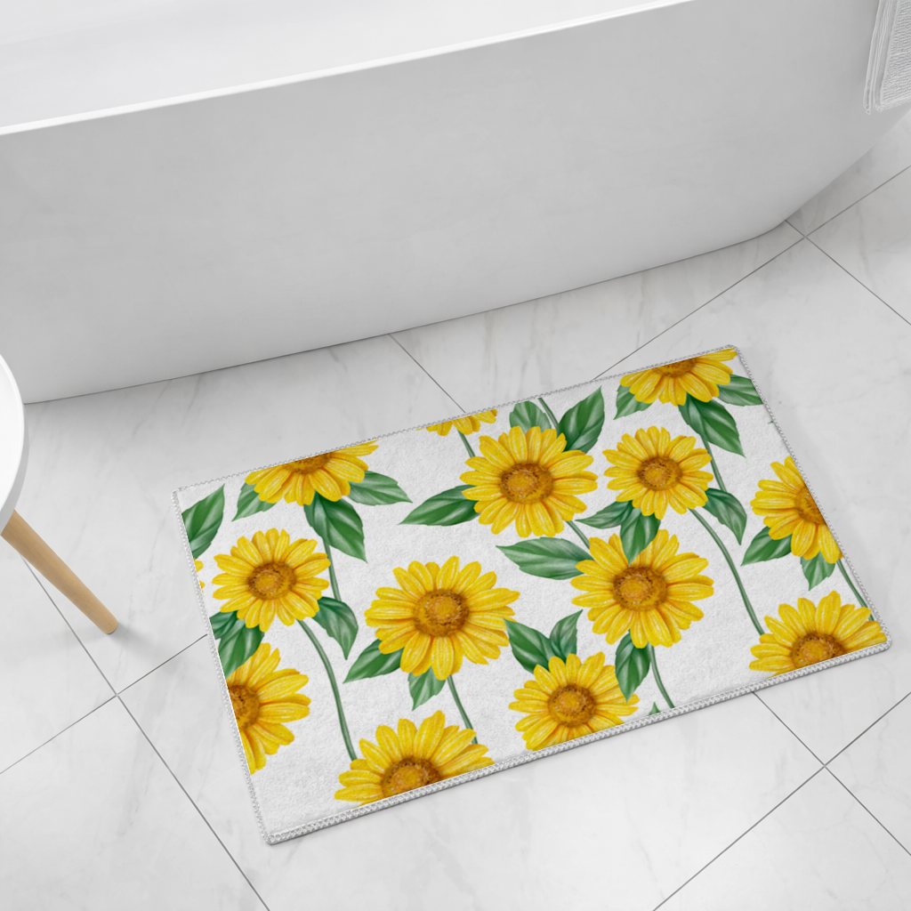 Canlı Sarı Ayçiçeği ve Yeşil Yaprak Desenli İllüstrasyon Banyo Halısı