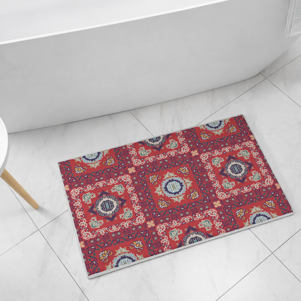 Geleneksel Kilim Motifli Kırmızı Etnik Geometrik Desen Banyo Halısı