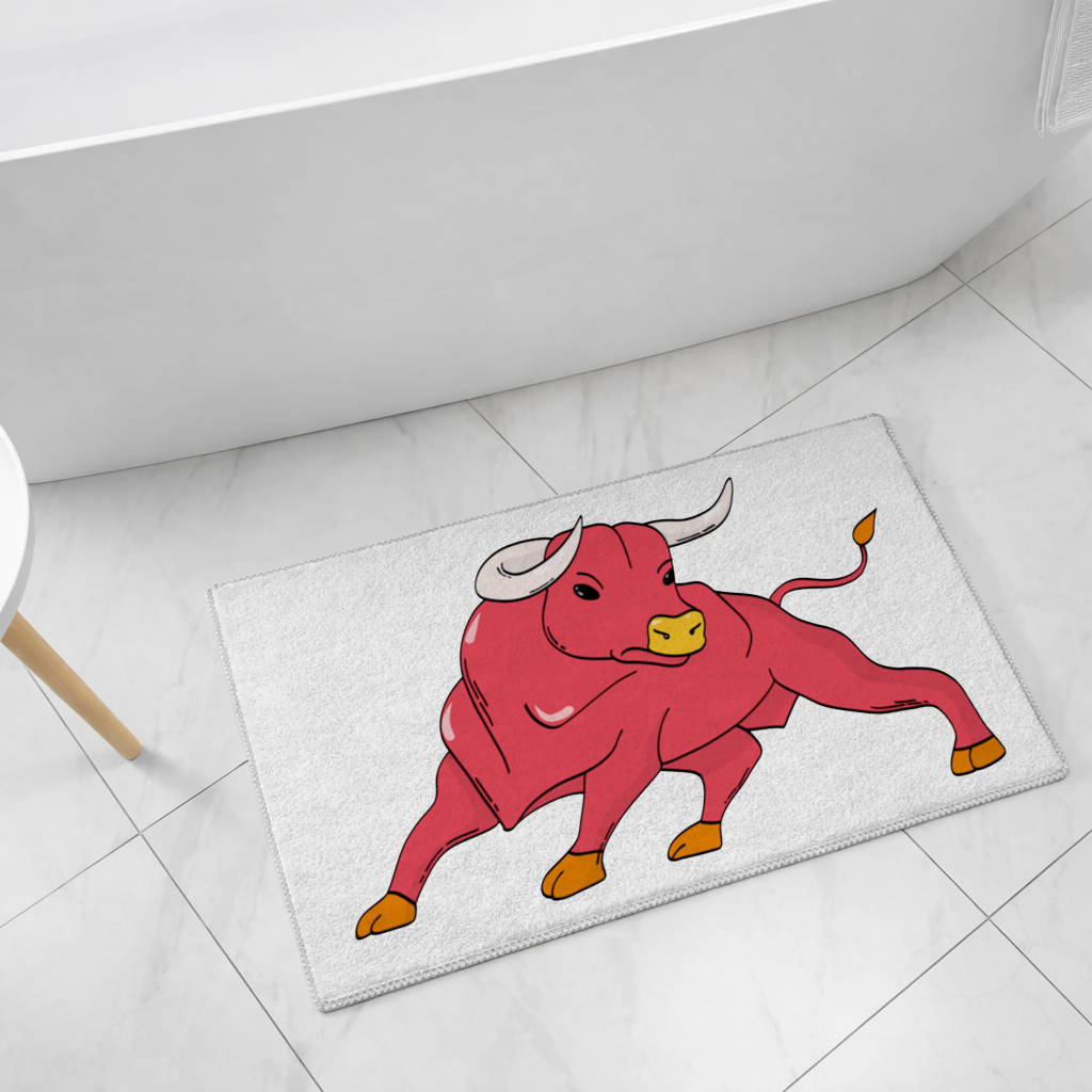 İspanyol Boğası Kırmızı Matador Tarzı Güçlü Boğa İllüstrasyonu Banyo Halısı