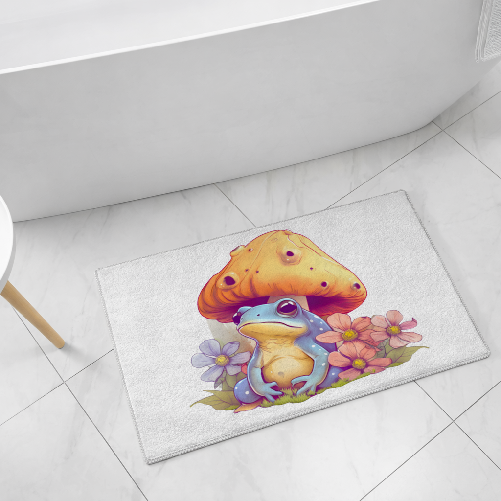 Blue Frog Resting Under Orange Mushroom Bath Mat