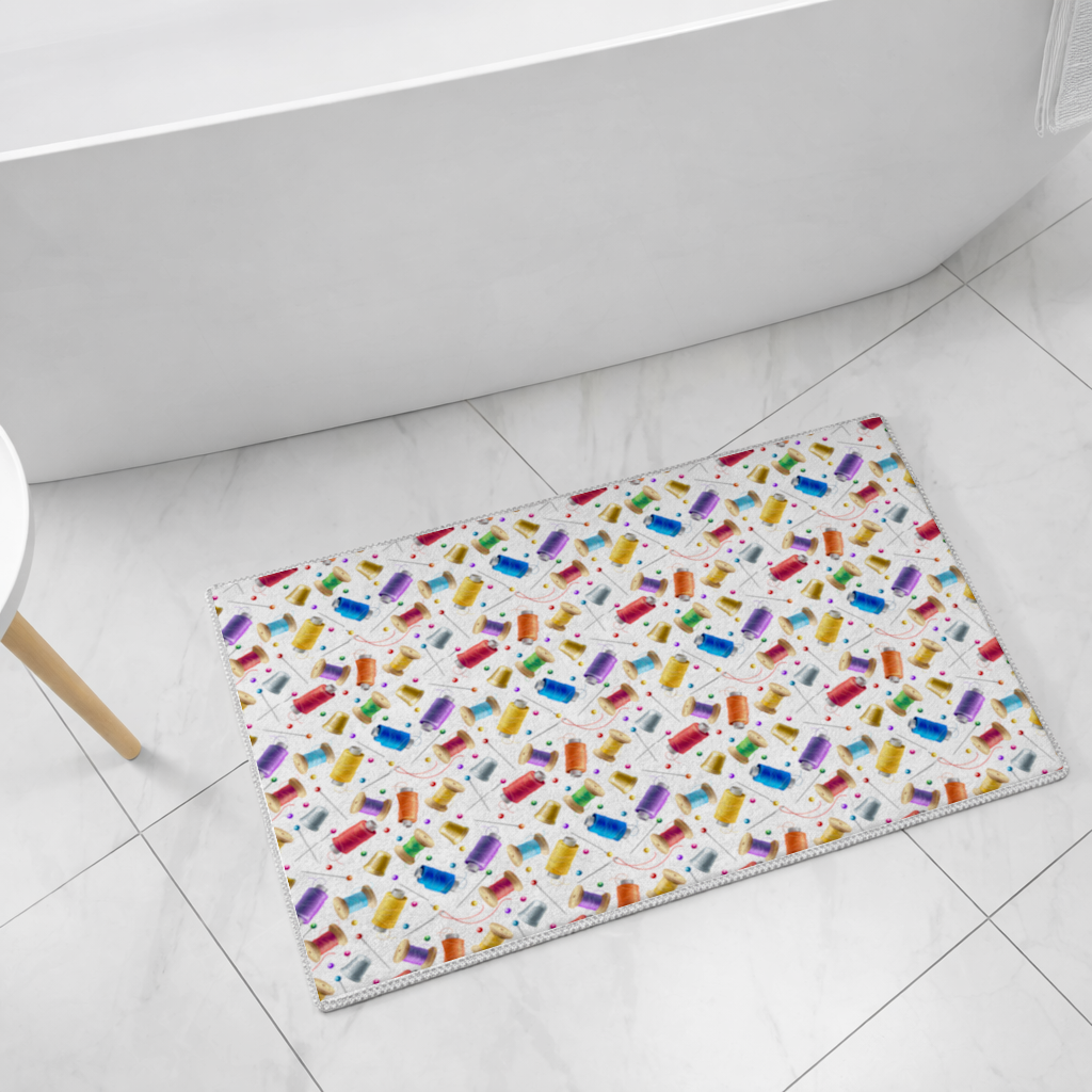 Colorful Thread Spools and Sewing Tools Pattern Bath Mat