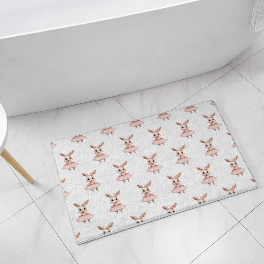 Kawaii Rabbit in Pink Ruffled Dress Bath Mat